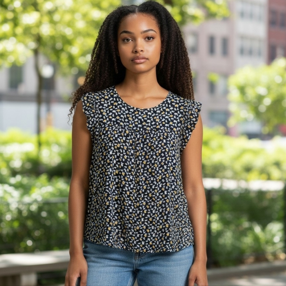 Ann Taylor Loft Floral Sleeveless Top - Black and Yellow Lemon Design